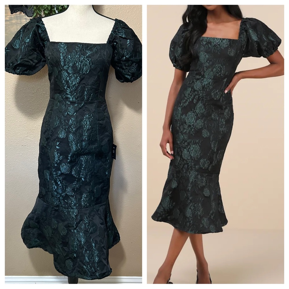 Lulu's Midnight Floral Puff Sleeve Midi Dress